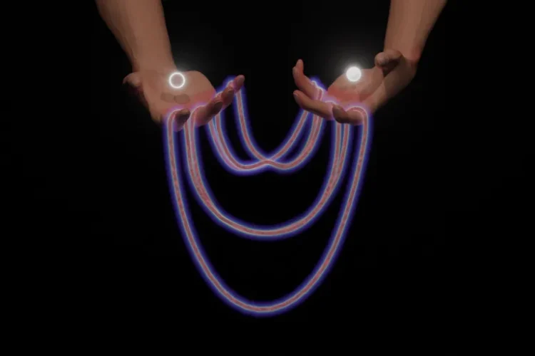 أشرطة طاقة متوهجة على شكل 'قبعة مكسيكية' تمثل تأثيرات فلوكيت، مع الإلكترون والفجوة المكونين للإكسيتونات (الفريق البحثي)