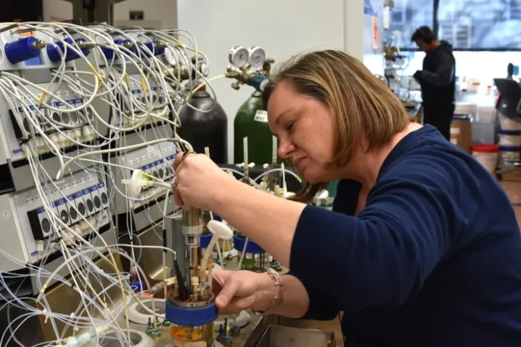 الباحثة تيريزا مارتن تقوم بتجهيز المفاعل الحيوي المستخدم في تخمير الخميرة (جامعة إلينوي كابي)