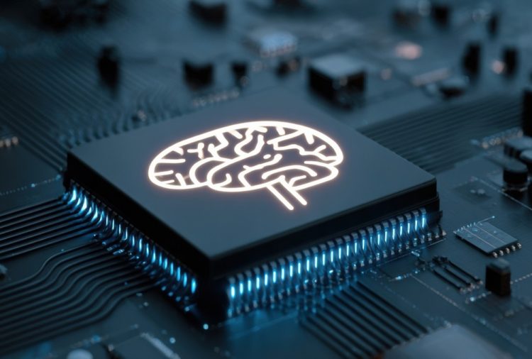 A microchip featuring a glowing brain symbol sits prominently on a dark circuit board, highlighting the integration of AI technology in electronics.